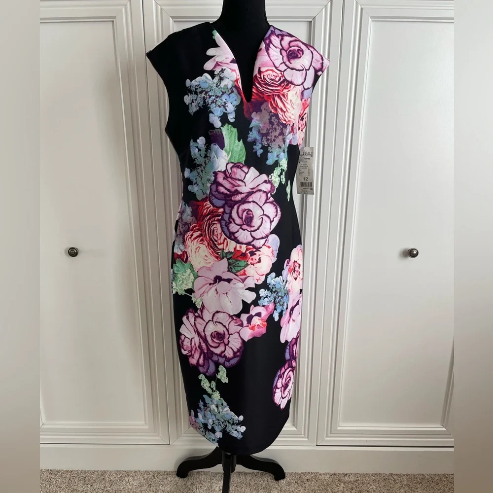 Joseph Ribkoff black floral print scuba dress size 12